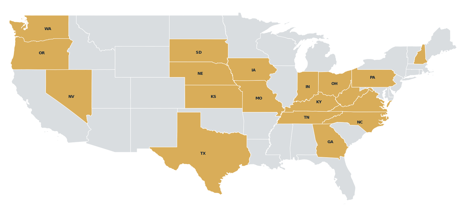 Geographic map of the United States showing 19 confirmed Uplink Communications work states highlighted in gold