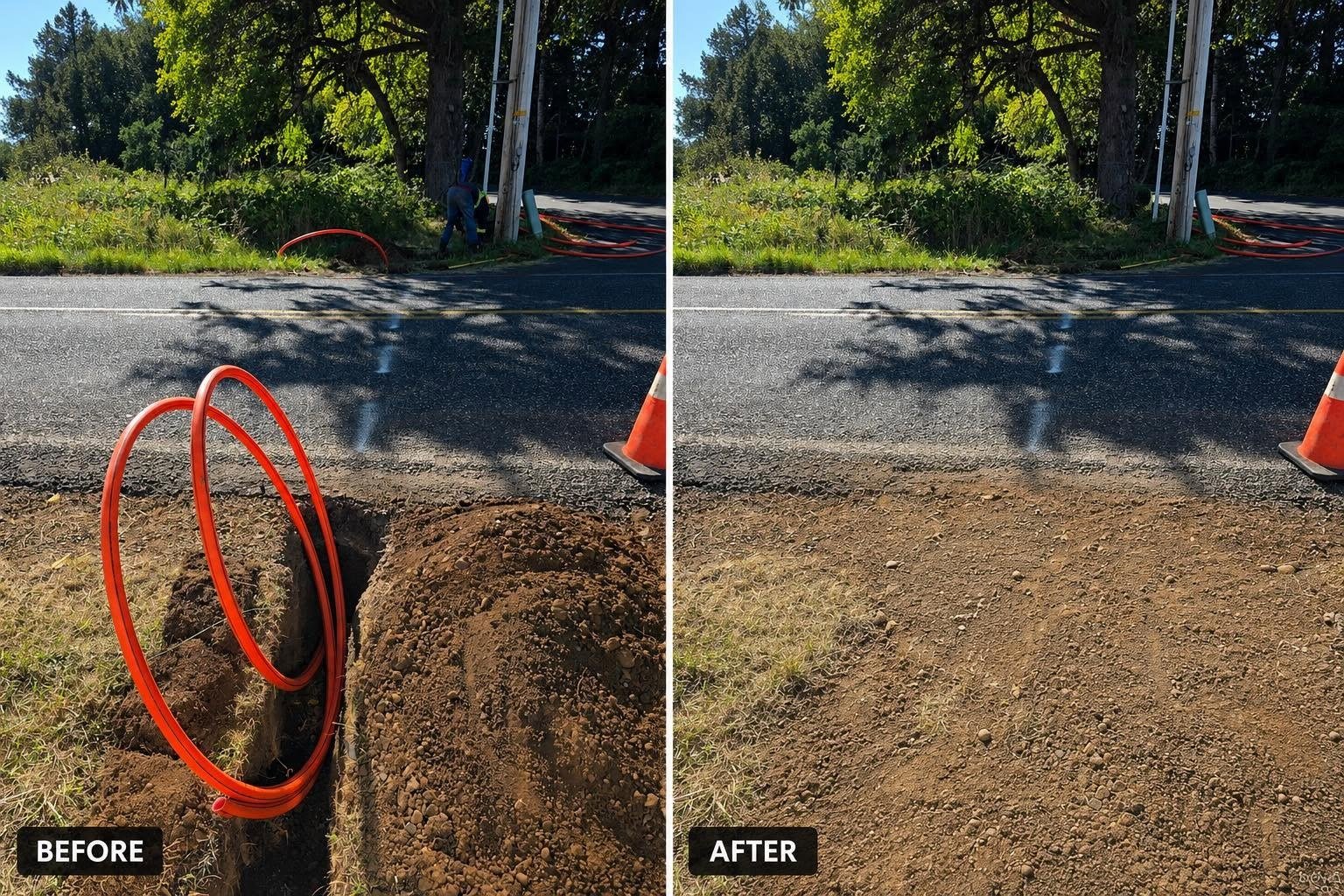 Actual before-and-after road bore and underground fiber installation in Oregon